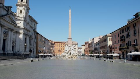 ROME - MARCH 16, 2020: Piazza Navona is desert, on March 16, 2020, in Rome. On March 9, 2020, all of Italy entered quarantine due to the spread of the epidemic from Covid-19.