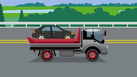 Animated video clip . Tow truck with a car driving on the highway