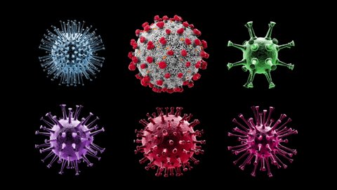 Set of Virus Cells Pack with Seamless Loopable Rotation. Isolated  3D Animation of Various Viral Cells Floating, Coronavirus, COVID-19, H1N1, Influenza with Compositing Luma Mask.