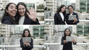 Businesswomen having video chat on street. Multiscreen montage of cheerful multiethnic female colleagues talking during video conversation outdoors. Communication concept