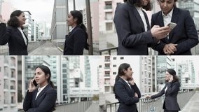 Female coworkers talking and using smartphones. Multiscreen montage of businesswomen in formal wear talking, celebrating success and using cell phones on street. Business and technology concept