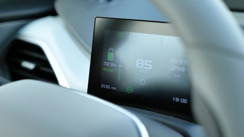 MINSK, BELARUS - MARCH 20, 2020: View on a digital speedometer of the plug-in electric zero emission vehicle Geely Geometry A.