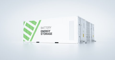 Renewable energy storage - Li Ion battery facility situated on white background. 3d rendering.