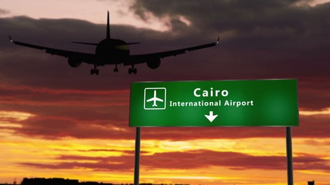 Airplane silhouette landing in Cairo, Egypt. City arrival with airport direction signboard and sunset in background. Trip and transportation concept 3d animation.