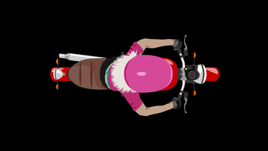 Color classic cafe racer motorcycle with blond girl rider in pink helmet, t-shirt top view isolated graffiti style looped animation