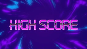 Animation of the words High Score written in pink metallic letters over purple and blue rays of light on purple background. Video computer game screen and digital interface concept digitally generated - Powered by Shutterstock - Get 15% off with code: PIKWIZARD15