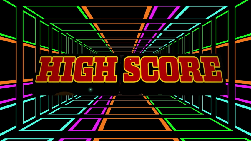 Animation of the words High Score written in red letters over tunnel of multi colored glowing square outlines moving in hypnotic motion on black background. Video computer game screen and digital - Powered by Shutterstock - Get 15% off with code: PIKWIZARD15