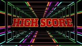 Animation of the words High Score written in red letters over tunnel of multi colored glowing square outlines moving in hypnotic motion on black background. Video computer game screen and digital - Powered by Shutterstock - Get 15% off with code: PIKWIZARD15