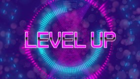 Animation of the words Level Up written in pink metallic letters over glowing kaleidoscope pattern of circles moving in hypnotic motion in the background. Video computer game screen and digital - Powered by Shutterstock - Get 15% off with code: PIKWIZARD15
