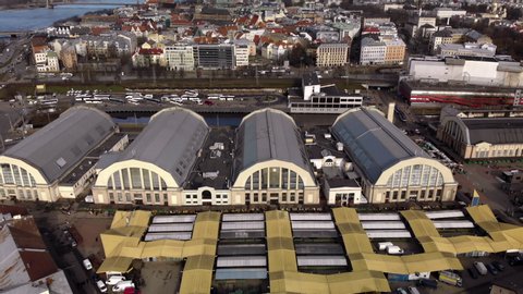 Aerial view over Riga central market. UNESCO heritage object, former german zeppelin hangars