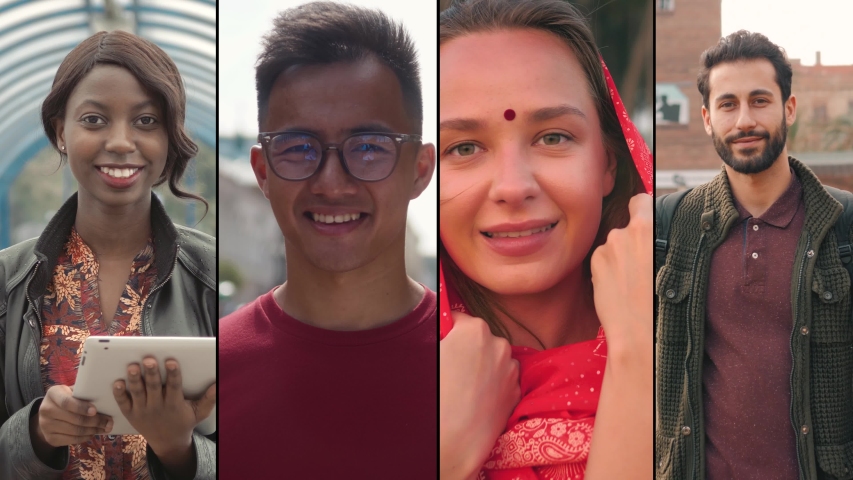 Collage portrait of mix raced young professionals or students, happy young international group, man and woman smiling, happy people