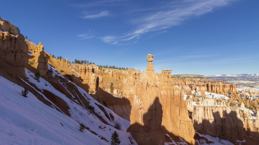 Thors Hammer in Bryce Canyon. Snow. Utah, USA. Motion Panning Time Lapse