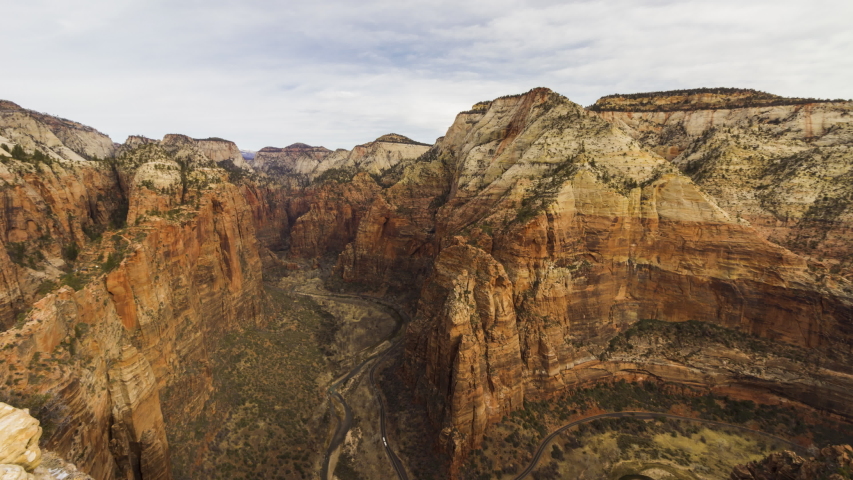Zion Canyon from Top of Angels Landing. Utah, USA. Motion Panning Time Lapse. Wide Shot