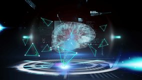 Animation of 3d human brain over data processing, binary coding and network of connections with green triangles on black background. Medicine neurology and global networking science concept digitally - Powered by Shutterstock - Get 15% off with code: PIKWIZARD15