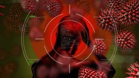 Animation of screen with 3d human model holding head with headache targeted by macro of coronavirus cells flowing and spreading in the background. Medicine public health pandemic coronavirus outbreak - Powered by Shutterstock - Get 15% off with code: PIKWIZARD15