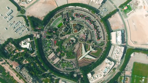 DUBAI, UNITED ARAB EMIRATES - DECEMBER 31, 2019. Aerial top down view of the Dubai Miracle Garden with airliner flower structure