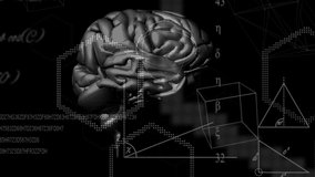 Animation of 3d metallic human brain rotating in seamless loop over geometric shapes, scientific mathematical formulae hand written on black background. Medicine neurology and global science concept - Powered by Shutterstock - Get 15% off with code: PIKWIZARD15