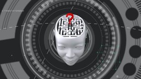 Animation of 3d human head with labyrinth in the brain and red question mark with scope scanning, network of connections over medical data processing on grey background. Medicine neurology and global - Powered by Shutterstock - Get 15% off with code: PIKWIZARD15