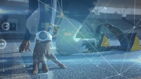 Animation of network of connections, data processing and statistics recording, disabled athlete with prosthetic legs exercising at a sports stadium, starting race from starting blocks on a racing - Powered by Shutterstock - Get 15% off with code: PIKWIZARD15