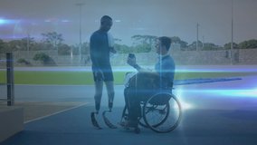 Animation of network of connections, data processing, male disabled athletes with prosthetic legs and in a wheelchair walking using a smartphone at a sports stadium in the background. Global sport - Powered by Shutterstock - Get 15% off with code: PIKWIZARD15
