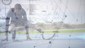 Animation of network of connections, data processing and statistics recording, mixed race male disabled athlete with prosthetic legs exercising at a sports stadium, warming up stretching in the - Powered by Shutterstock - Get 15% off with code: PIKWIZARD15