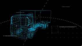 Animation of blue 3d model of a truck spinning with data processing on black background. Digital computer interface communication and connection concept digitally generated image. - Powered by Shutterstock - Get 15% off with code: PIKWIZARD15