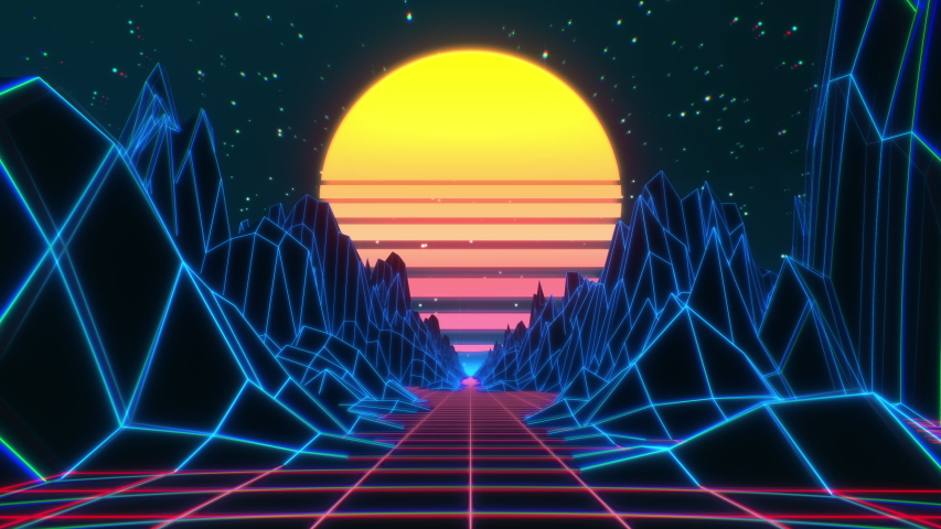 80s retro futuristic sci-fi seamless loop. Retrowave VJ videogame landscape with neon lights and low poly terrain. Stylized vintage 3D animation background with mountains, sun and glowing stars. 4K | Shutterstock HD Video #1048713535