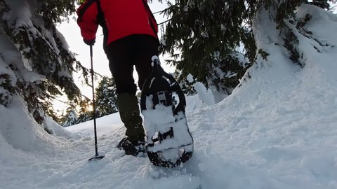 Tourist in snowshoes hike in deep snow at sunset. Low point. Slow motion