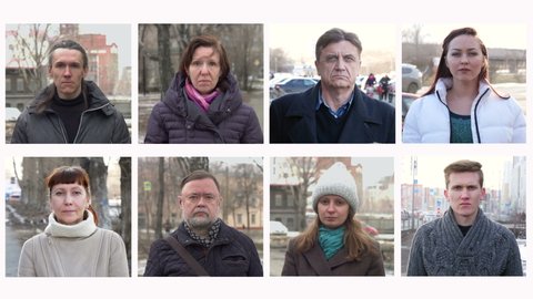 People in medical masks on the street.
Collage of eight people of different sex and age. They put on medical masks in turn.