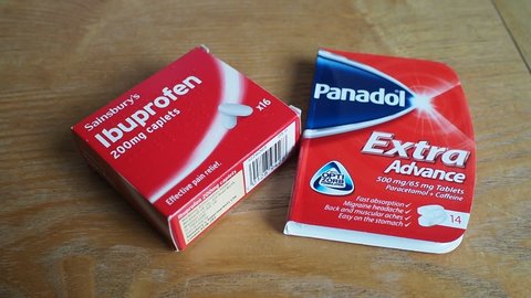 Sainsbury's Ibuprofen box and Panadol paracetamol packet at home. 21st March, 2020. Supplies selling out in most UK supermarkets, stockpiling due to Coronavirus outbreak.