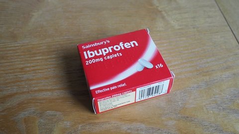 Sainsbury's Ibuprofen box 200mg caplets at home. 21st March, 2020. Supplies low in UK supermarkets, stockpiling due to Coronavirus outbreak. Worries Ibuprofen may make the flu condition worst.