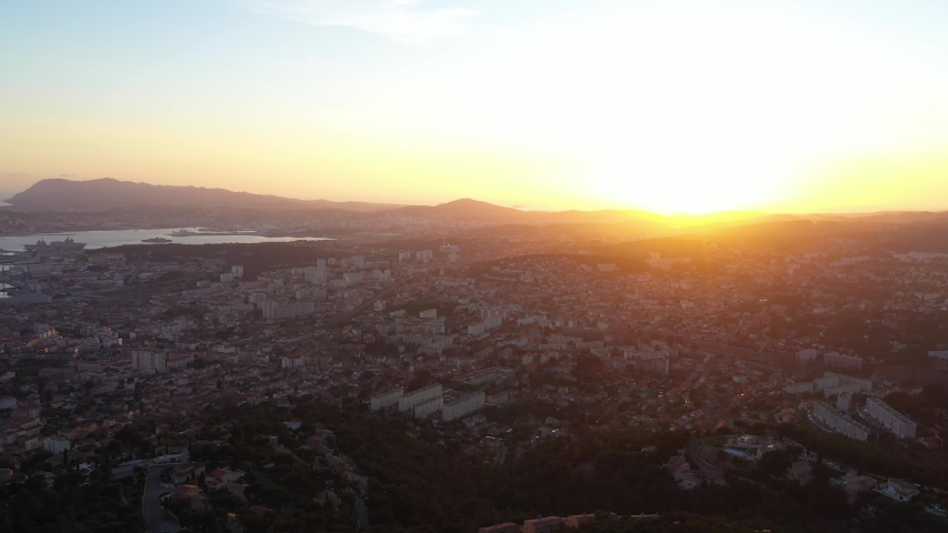 Sunset over Toulon french mediterranean city aerial view french riviera 