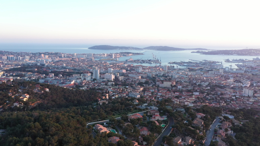 Aerial view from mount faron Toulon city mediterranean sea french naval base sunset 