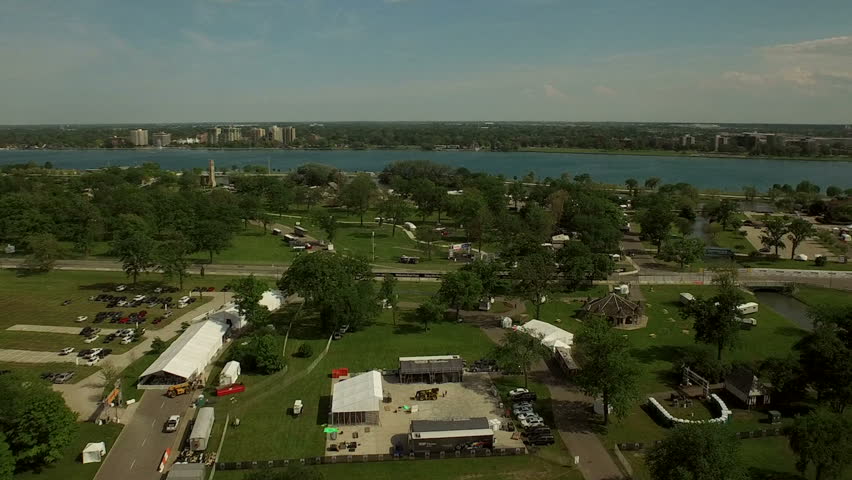 Detroit Aerial v79 Flying low over Belle Isle panning right with cityscape views. 5/15