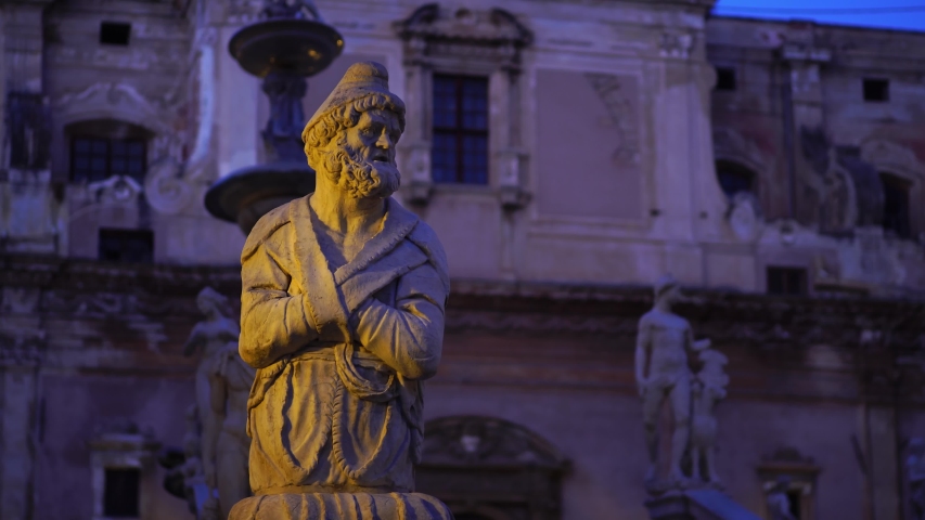 Piazza Pretoria fountain sculptures in historic centre Palermo, Sicily, Italy. Summer tourism landmark & family travel destination in Europe.