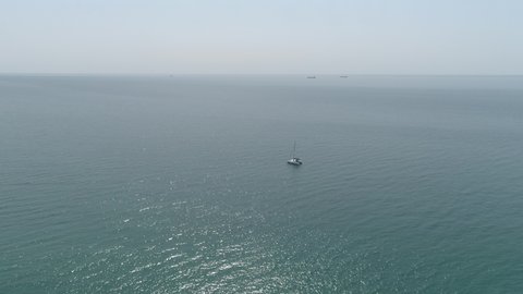 Aerial view of ship sailing in the Caspian Sea. Kazakshtan
