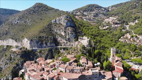 Flight of the drone over the famous ancient Eze Village, Cote d'azur, France. Aerial View