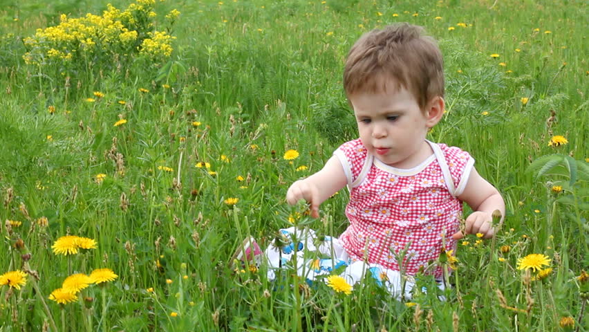 Baby with dandelions on green spring lawn