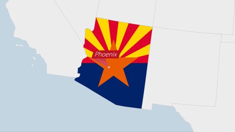 US State Arizona map highlighted in Arizona flag colors and pin of country capital Phoenix, map with neighboring States.