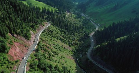 Aerial above view of road travel cars driving on the busy winding road in the beautiful summer valley with pine tree woods growing on the slope at Xinjiang China Duku road  ஸ்டாக் வீடியோ