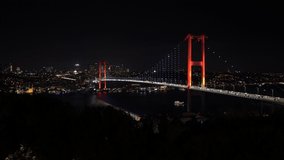 Real time video of Bosphorus Bridge (15 Temmuz Bridge), with traffic of cars and city lights. Istanbul evening panorama clip taken from Nakkastepe, Turkey.