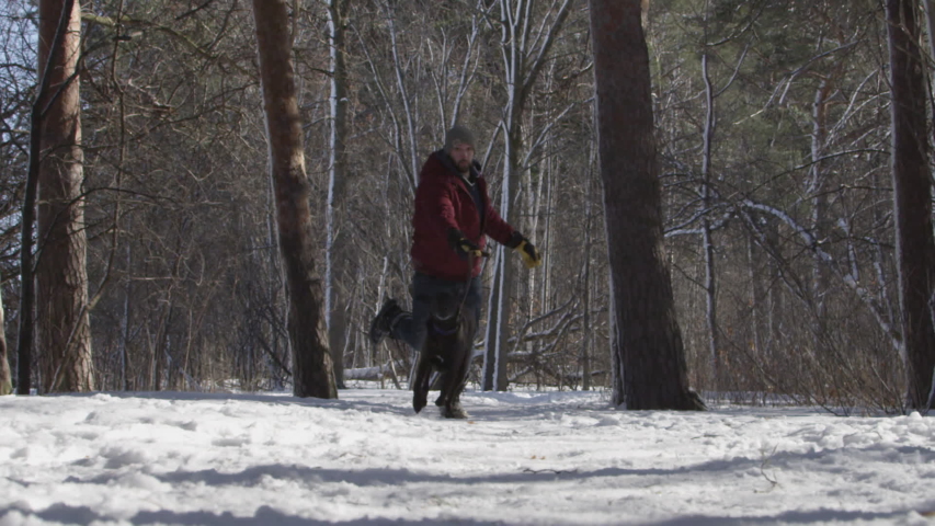 Man with his dog in the slippery winter path of a forest on a walk Royalty-Free Stock Footage #1048824952