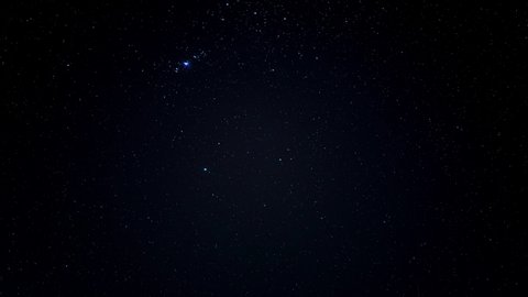 4k Orion constellation timelapse on a starry clear night sky and Betelgeuse next to Orion Nebula.