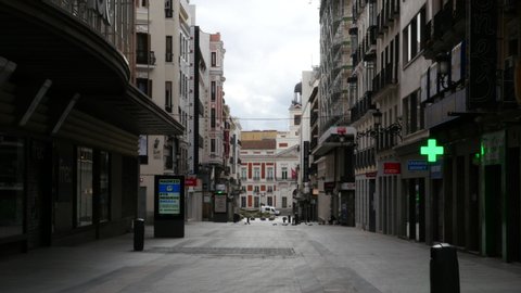 Preciados street in Madrid without people due to the state of alert in Spain by COVID-19. Filmed on March 23, 2020.