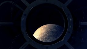 Flight calculations on the background of the moon in the porthole. 3D render
