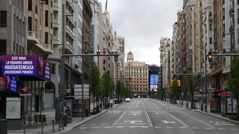 Gran Vía street in Madrid empty due to the state of alarm in Spain by COVID-19. Filmed on March 23, 2020.
