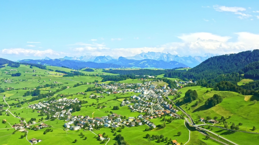 Aerial view of vibrant rural town, fantastic scene in Feusisberg of Switzerland