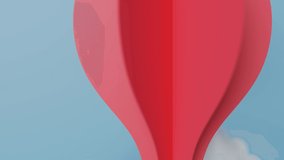 Animation of red balloon floating in the sky with cloud and sun on a blue background. Creative paper art and craft style.
