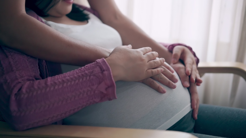 Pregnant couple of husband and wife feels love and relax at home. Young expecting woman holds baby in pregnant belly. Father take care of pregnant mother. Concept of maternity and pregnancy care. Royalty-Free Stock Footage #1048842253