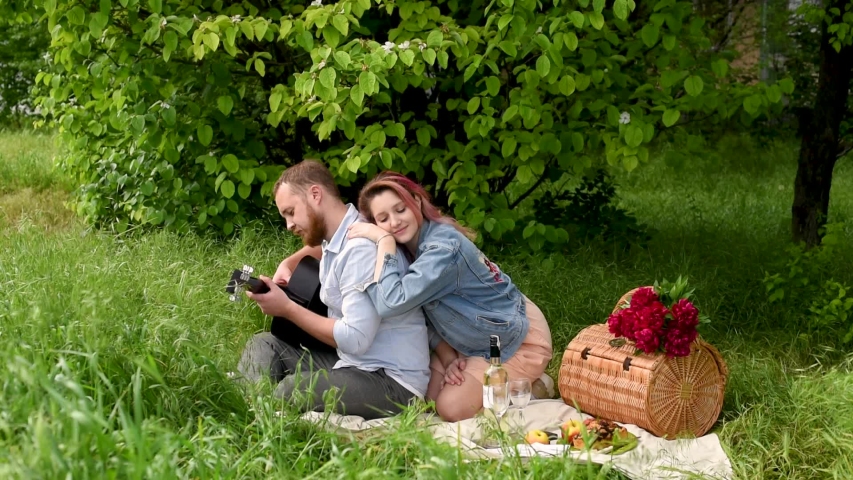 Man plays guitar to woman at the picnic. Date at the picnic
